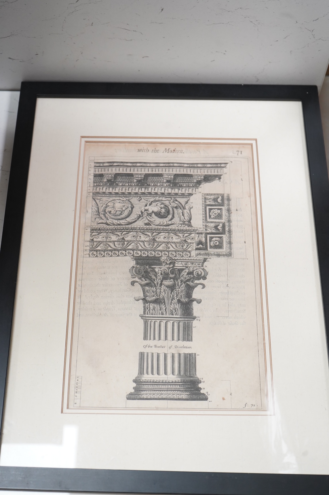 A set of four plaster plaques depicting classical scenes and four 18th/19th century architectural etchings, framed, largest 43cm high